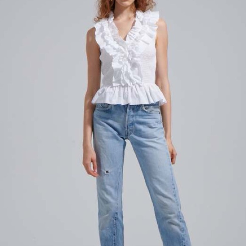 Love The Label Zephyr Top White Smocked Ruffled Neckline Sleeveless Tank Shirt S - Picture 8 of 9